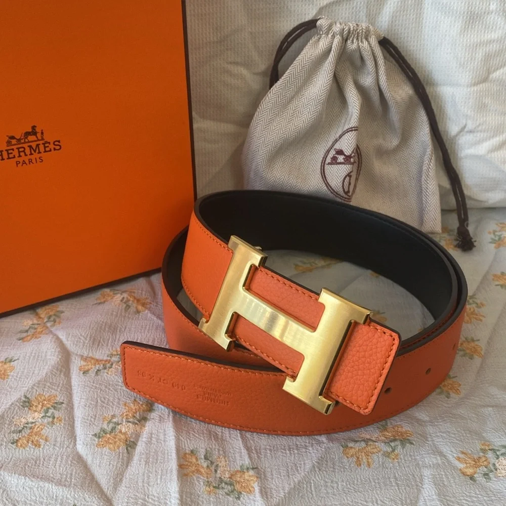 Double Sided Belt Metal Belt H Buckle Hermes Orange/Black
